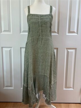 Inizio Sage Green Linen Square Neck Thin Strap Sundress Size L